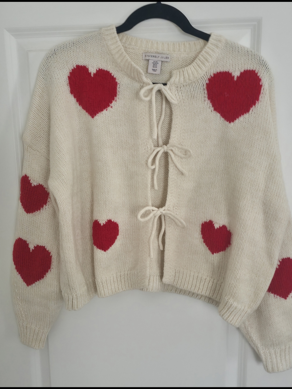 Sincerly Jules Cream Cardigan Sweater with Red Heart Motif